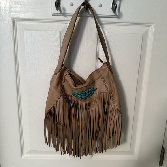 LUCKY BRAND Women's Leather Shoulder Bag w/Fringe & Turquoise Nuggets Purse Tan - Picture 1 of 14